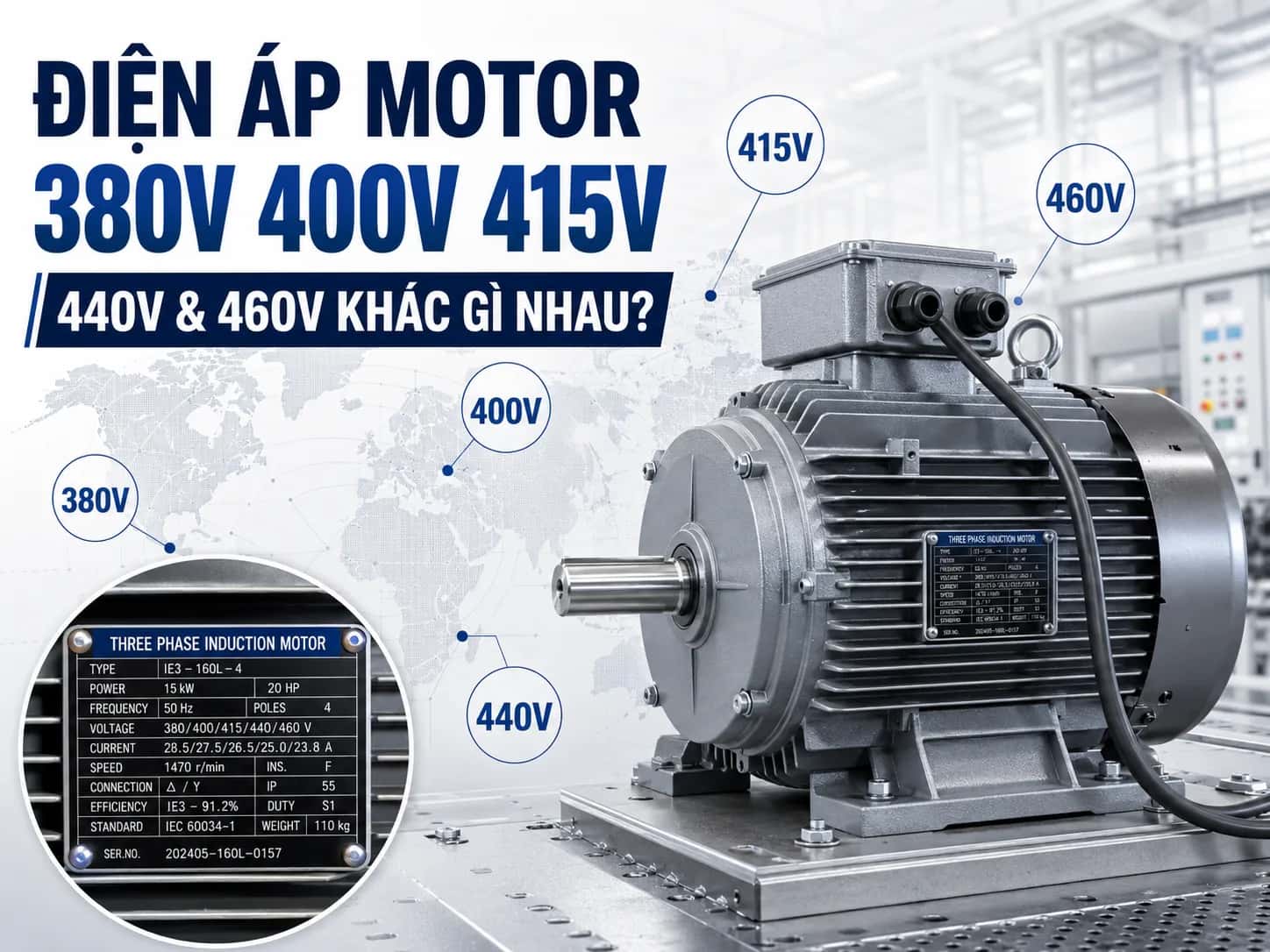 Nameplate motor thể hiện điện áp 380V 400V 415V 440V 460V và tần số 50Hz 60Hz