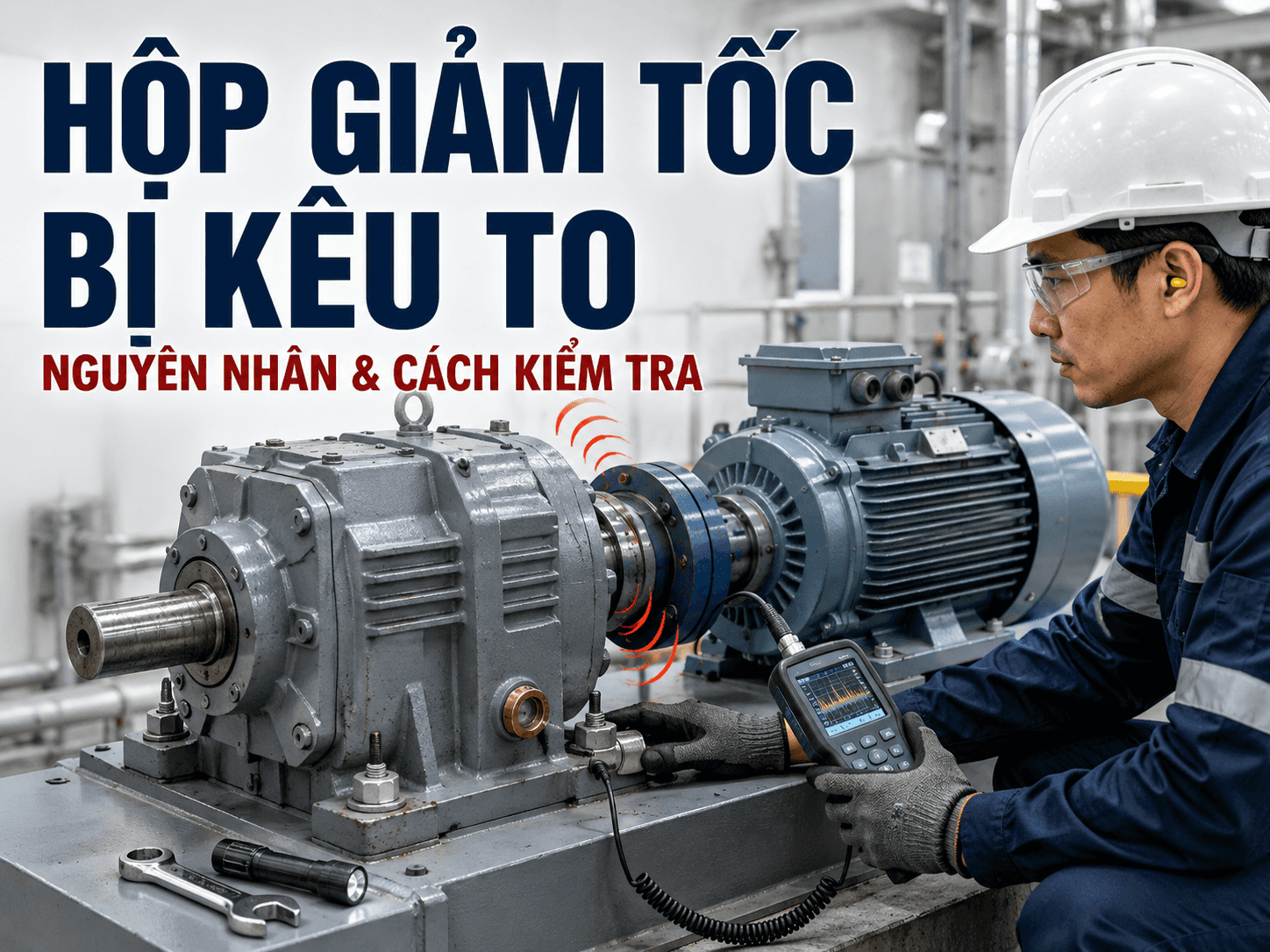Kỹ thuật viên kiểm tra hộp giảm tốc bị kêu trong hệ thống truyền động công nghiệp