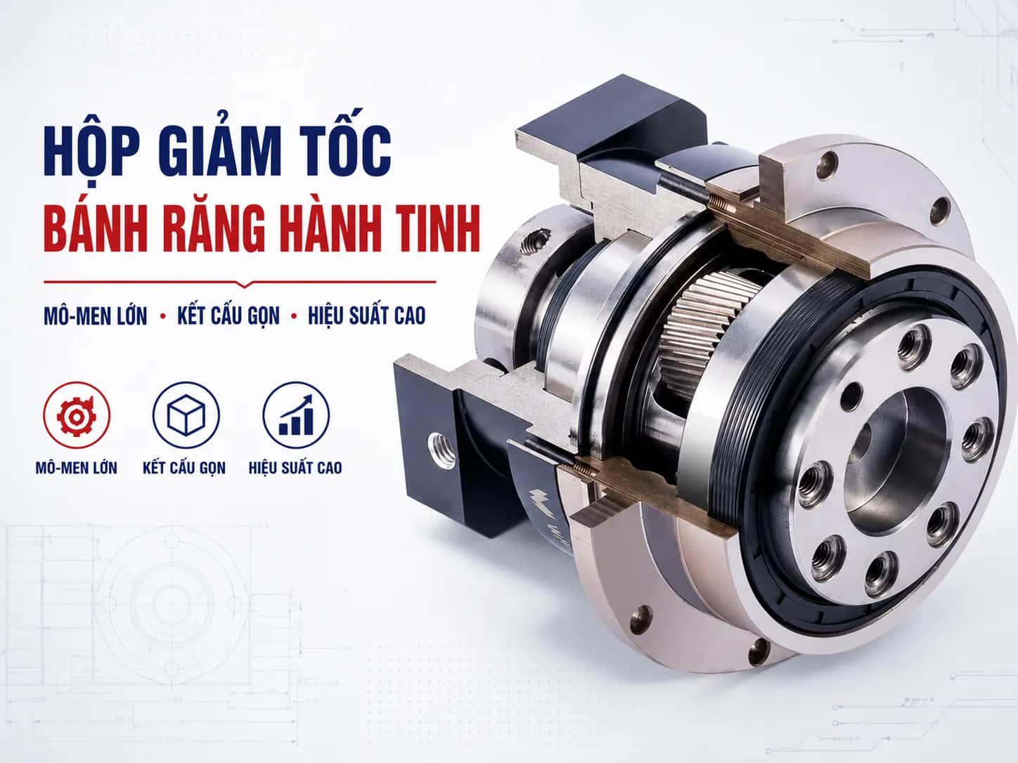 Hộp giảm tốc bánh răng hành tinh công nghiệp với cấu tạo bánh răng mặt trời, bánh răng hành tinh và vành răng