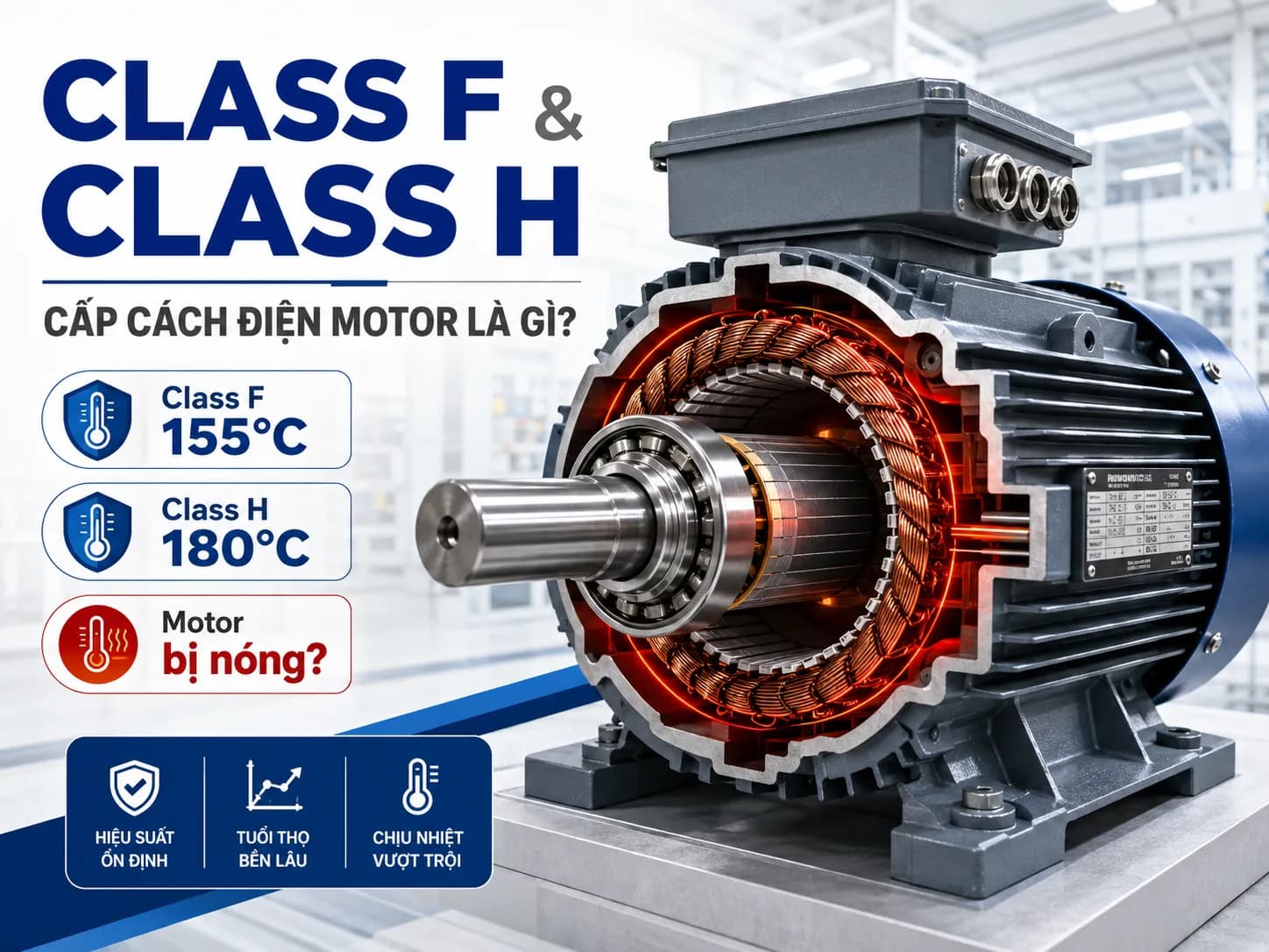 Cấp cách điện Class F và Class H của motor điện công nghiệp.