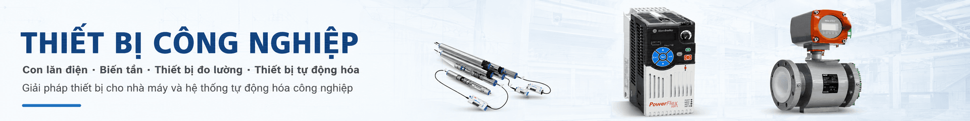 Thiết bị công nghiệp gồm con lăn điện DSK, biến tần Allen-Bradley PowerFlex 525 và lưu lượng kế điện từ WinTEC