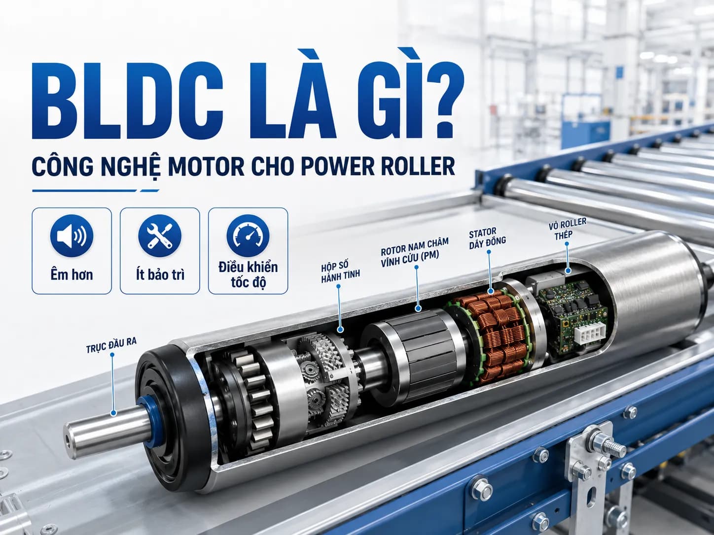 Công nghệ động cơ không chổi than cho Power Roller và băng tải tự động.