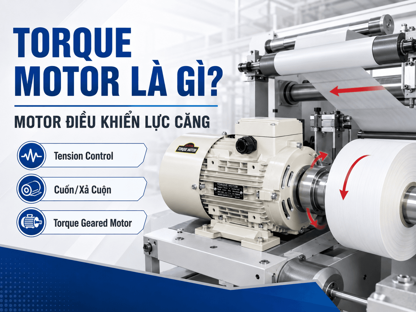 Torque motor điều khiển lực căng cho máy cuốn xả cuộn công nghiệp.