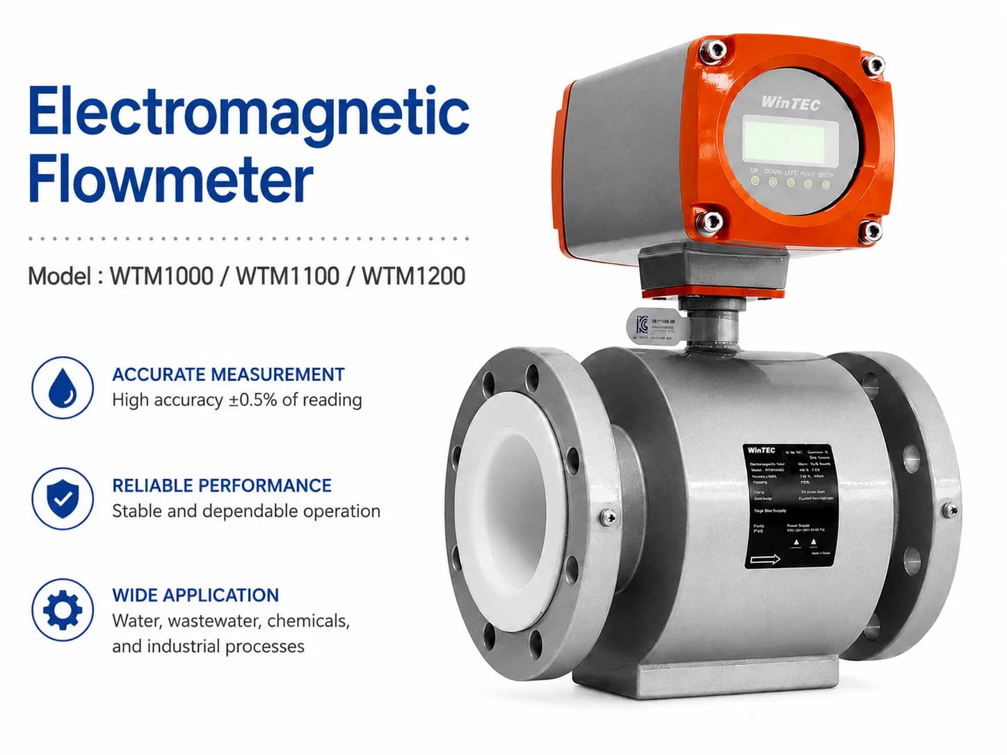 Lưu lượng kế điện từ Wintec Hàn Quốc dòng WTM1000 WTM1100 WTM1200 dùng đo lưu lượng nước, nước thải và hóa chất công nghiệp.