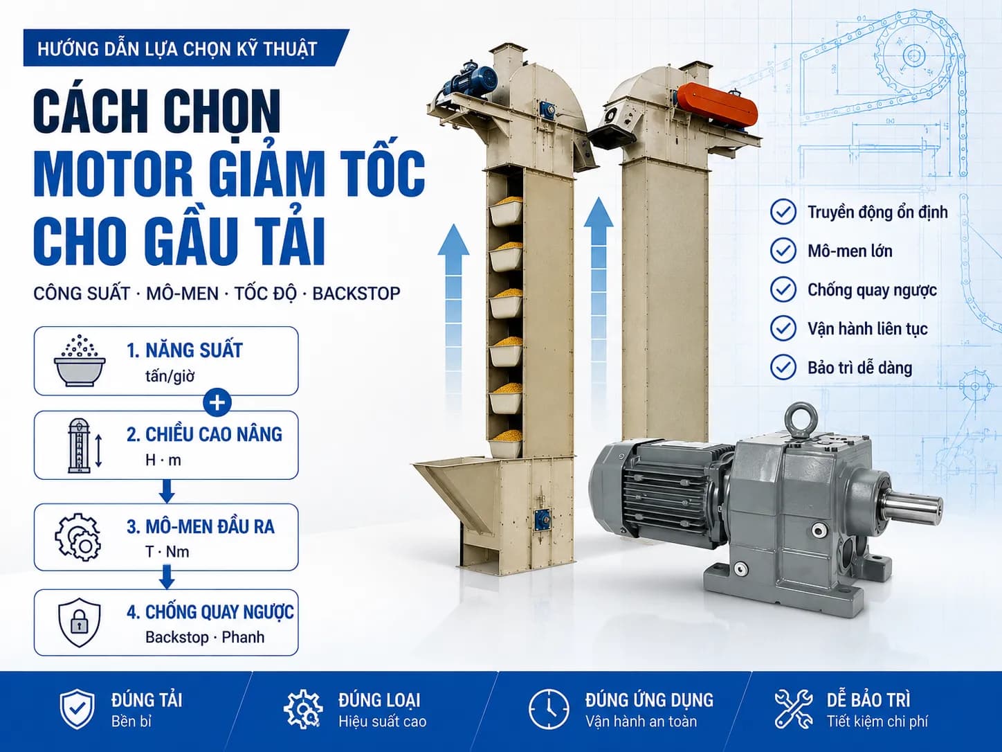 Cách chọn motor giảm tốc, hộp giảm tốc cho gầu tải