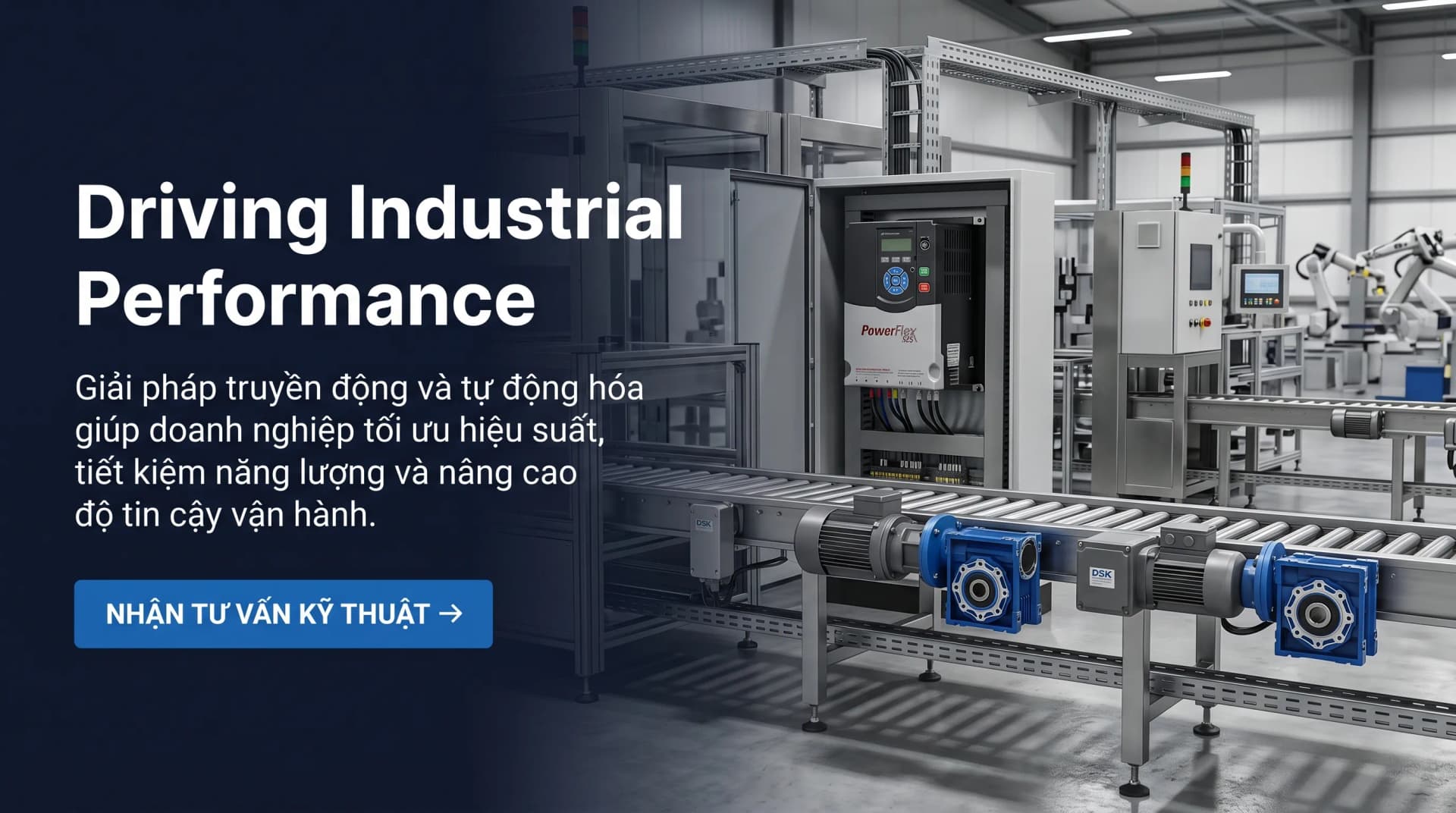 Biến tần Allen-Bradley, PLC AB, động cơ điện, động cơ giảm tốc DSK và hộp giảm tốc NARA Samyang trong nhà máy sản xuất công nghiệp hiện đại.